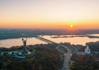 Kiev skyline over beautiful fiery sunset, Ukraine